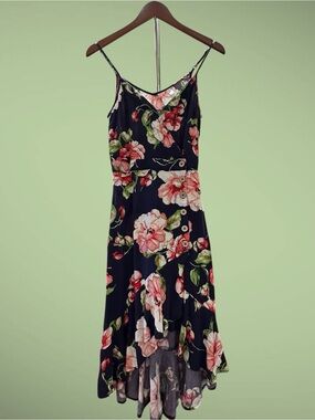 Xhilaration Floral Midi Dress Navy Pink High Low Wrap Button Front Small